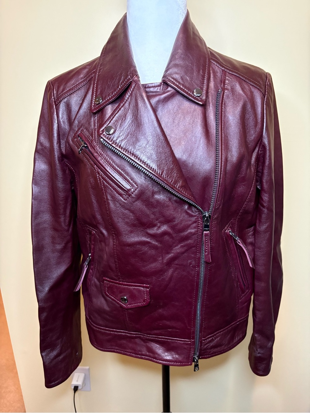 Marc Cain Burgundy Leather Biker Jacket